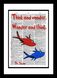 an old book page with two fish and the words think and wonder wonder and think