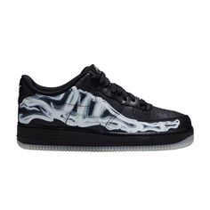 Find NIKE Air Force 1 '07 Qs ' Skeleton on Editorialist. Dressed up in black leather with anatomical airbrushing for effect, the Air Force 1 '07 QS 'Black Skeleton' was released October 25th, 2019 in time for Halloween. Ideal for trick-or-treating, this iteration of the iconic 1982 Nike hoops shoe glows in the dark, with its tarsal-bone graphics shining bright after the sun goes down. Bringing back the low-profile comfort of the original, it consists of supportive overlays, soft cushioning and durable rubber traction. Black Skeleton, Nike Air Force 1 07, Sun Goes Down, Nike Air Force 1, Nike Air Force Sneaker, Air Force 1, Mens Shoes Sneakers, Air Max Sneakers, Nice Shoes