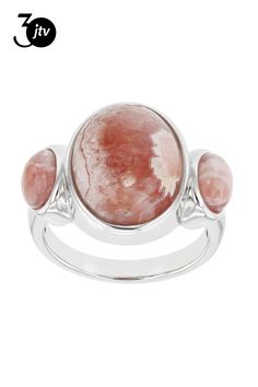 Southwest Style by JTV��� Oval  Rhodochrosite Three Stone Rhodium Over Sterling Silver Ring. Measures Approximately 0.89"L x 0.70"W. Not Sizeable. Pink Rhodochrosite, Southwest Style, Three Stone, Sterling Silver Ring, Silver Ring, Sterling Silver Rings, Silver Rings, Sterling Silver, Stone