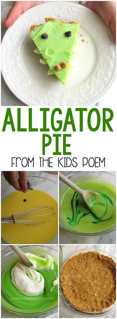 a collage of photos showing how to make an alligator pie with green icing