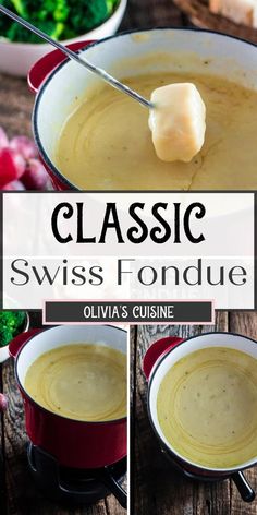 the classic swiss fondue is served in a red casserole dish