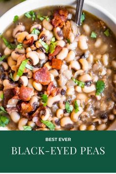 the best ever black - eyed peas with bacon and parsley in a white bowl