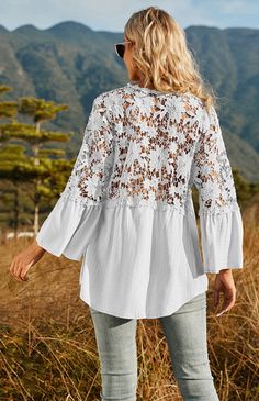 Elevate your casual style with the GYPSY GIRL Pullover Chiffon Blouse. This deep V blouse features delicate lace details and three-quarter sleeves, perfect for casual social outings. Pair with jeans or tailored pants for effortless elegance and trendy vibes. Size Chart(inch) ⏹️ Size Length Length Shoulder Bust Waist Hip S 28 27 11 27 23 26 M 29 27 12 29 25 28 L 30 28 12 32 28 31 XL 31 29 13 35 31 34 OUR SIZE CHART HACK! WE USE THESE ICONS AS A GUDIE TO INFORM OUR CUSTOMERS HOW THE MEASURMENTS COMPARE TO A STANDARD U.S. SIZE CHART SO YOU CAN MAKE THE BEST DECSION WHEN ORDERING. 🔷Runs True ⏹️Runs Small 🌗In between 🟡Runs Large 🌀Junior Size 🅾️One Size Material composition: 95% Polyester, 5% CottonFabric elasticity: No elasticity Ladies Chiffon Shirts, Lace Long Sleeve Shirt, Blouse Casual Fashion, White Shirts Women, Lace Button, Lace Neckline, Sleeves Clothing, Lace Crochet, Flounce Sleeve