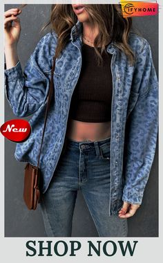 Sky Blue Oversized Leopard Denim Jacket with Pockets Blue Oversized Denim Top For Spring, Trendy Oversized Blue Denim Top, Trendy Oversized Blue Denim Jacket, Trendy Oversized Denim Top For Spring, Trendy Blue Denim Top For Fall, Blue Oversized Button-up Denim Jacket, Oversized Blue Button-up Denim Jacket, Jacket With Pockets, Sky Blue