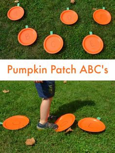 an orange plastic pumpkin patch abc's on the grass