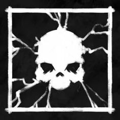 a black and white image of a skull in a square frame with the word,