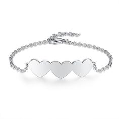 Specially made to fit three loving names on your wrist! This Chain Of Love - 3 Custom Name Sterling Silver Chain Bracelet is the perfect gift for moms, sisters, friends, or significant other! The custom-made bracelet is made from sterling silver and features three hearts joined together, each with a special named engraved. The personalized bracelet is designed with a lobster clasp to make it adjustable to your wrist size. Gifting our custom-made jewelry will show that you care! Looking for an en Personalized Sterling Silver Heart Friendship Bracelet, Personalized Silver Heart Bracelet For Mother's Day, Silver Heart Bracelet With Name, Personalized Sterling Silver Heart Bracelet For Mother's Day, Personalized Silver Sterling Heart Bracelet, Personalized Silver Stainless Steel Heart Bracelet, Silver Sterling Heart Bracelet For Personalized Gift, Personalized Silver Heart Bracelet In Stainless Steel, Sterling Silver Chain Bracelet For Anniversary On Valentine's Day