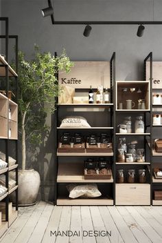 a store with shelves filled with items and boxes on the shelf, next to a potted plant