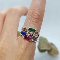 Colorful Baget Ring🌾 This ring is so elegant and perfect companion for other rings. You can mix the colors or just wear it alone for the perfect finishing.  Details:  ◇ Very elegant and simple  ◇ Useable as stapel ring  ◇ Nickel free  ◇ Hypoallergenic  All our pieces are 925 sterling silver and 14k gold plated. Follow us on instagram for more @dohmanstone  With love and magic, Dohmanstone Stackable Rose Gold Diamond Ring In Sterling Silver, Silver Emerald Cut Stackable Rings Fine Jewelry, Rose Gold Sterling Silver Birthstone Promise Ring, Emerald Cut Stackable Silver Diamond Ring, Stackable Emerald Cut White Gold Rings, Emerald Cut Stackable Promise Rings, White Gold Open Band Ring With Gemstone, White Gold Emerald Cut Stackable Rings, Stackable Couple Rings In White Gold Sterling Silver