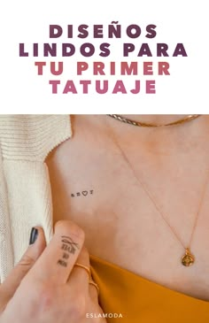 a woman wearing a yellow dress and holding a small tattoo on her chest with the words disenos lindos para tu primer tatuae