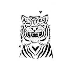 a black and white drawing of a tiger's face with hearts in the background