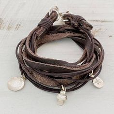 Fine silver and leather wrap bracelet, 'Stellar Imprint' - Leather Fine Silver Wrap Charm Bracelet from Guatemala Diy Leather Bracelet, Cleaning Silver Jewelry, Silver Cross Pendant, Silver Jewelry Design, Silver Jewels, Leather Cuffs Bracelet, Leather Wrap Bracelet, Bracelet Crafts, Leather Necklace