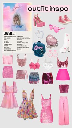 an image of the contents of a barbie doll's clothes and accessories set in pink