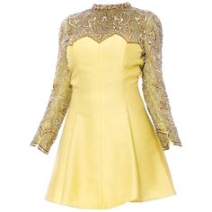 1960S Lemmon Yellow Hand Beaded Silk Radzimir Flared Mini Cocktail Dress With Pearl & Crystal Sleeves Mackenzie Hollister, Victorian Lace, 1950s Style, Century Clothing, Pearl Dress, Pearl Crystal, Mini Cocktail Dress, Vintage Clothes, Fashion History