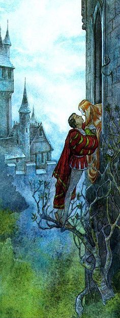 an illustration of a woman leaning on a window sill in front of a castle