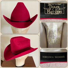 "For your consideration Original vintage 1970s / 80s era Texas Hatters custom made red cowboy western hat made for Virginia Naumann Made Texas USA , Manny Gammage Supple black leather sweatband Gold stamping on interior Plastic tip liner Black grosgrain headband Hat is in very good condition .. shows faint soiling and discoloration and on interior liner .. minor moth nips on crown and brim .. ribbon on sweatband is loose on one side and could be tacked back .. from a distance this hat looks shar Red Cowboy Hat, Headband Hat, 80s Era, Urban Cowboy, Ranch Wear, Western Hat, Hat Custom, Red Barns, Western Hats