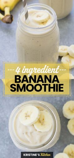 two jars filled with banana smoothie next to bananas