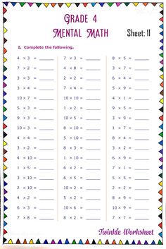 the printable worksheet for grade 4 mental math is shown in this image