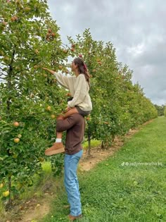 a woman is picking apples from an apple tree in the orchard on a cloudy day