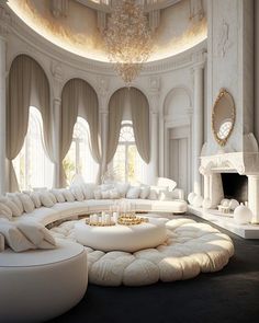 a living room filled with lots of white furniture