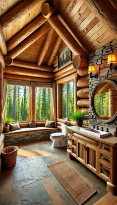 a log cabin bathroom with stone walls and windows