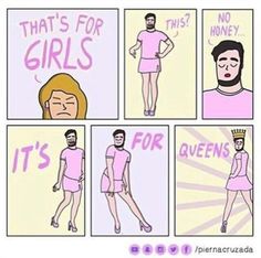 a comic strip with an image of a man and woman in pink outfits, one wearing a