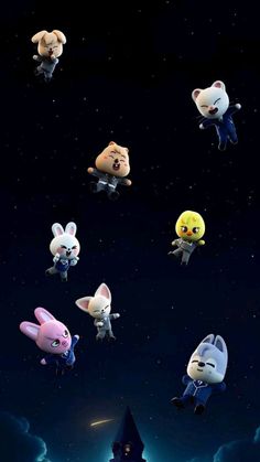 several cartoon characters floating in the air at night