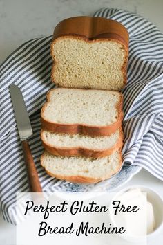 three slices of bread sitting on top of a blue and white plate with the words perfect gluten free bread machine