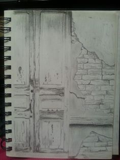 a drawing of an open door and brick wall