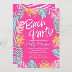 a pink and blue bachelor party card with palm leaves on the front, in bright colors