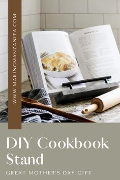 an open cookbook sitting on top of a counter next to a knife and bowl