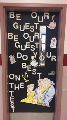 a door decorated with the words be our guest and beauty and the beast on it