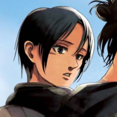 two anime characters facing each other with blue sky in the backgrouds behind them