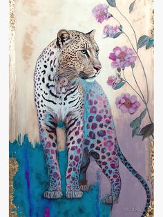 a painting of two leopards standing next to each other on a blue and pink background