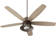 a ceiling fan with two wooden blades and a light fixture