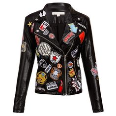 This Stylish Patch Motorcycle Jacket Is Sure To Make A Statement Spring Black Biker Outerwear, Edgy Long Sleeve Outerwear With Patches, Edgy Outerwear With Patches For Fall, Trendy Winter Outerwear With Patches, Trendy Patched Outerwear For Fall, Trendy Fitted Outerwear With Patches, Fitted Long Sleeve Outerwear With Patches, Moto Jacket Outfit, Leather Jacket Patches