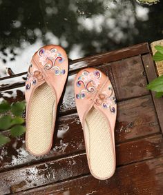 Vintage Orange Embroideried Comfy Cotton Slide Sandals Summer Floral Embroidery Slip-on Flats, Summer Floral Embroidery Closed Toe Flats, Embroidered Summer Flats, Embroidered Flat Heel Flats For Summer, Embroidered Flats With Flat Heel For Summer, Summer Slip-on Flats With Floral Embroidery, Pink Closed Toe Slippers For Spring, Embroidered Flat Sandals For Summer, Closed Toe Slippers For Spring