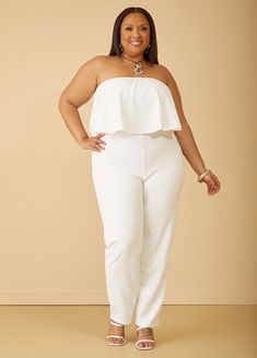 With its strapless design & flounced neckline, this jumpsuit exudes elegance and femininity. The slim leg silhouette offers a flattering fit, elongating the legs for a sleek and sophisticated look. Chic Stretch Strapless Off-shoulder Jumpsuit, Chic Off-shoulder Stretch Strapless Jumpsuit, Elegant Bandeau Strapless Jumpsuit, Chic Strapless Summer Pantsuit, Elegant Stretch Strapless Jumpsuit, Chic Solid Bandeau Jumpsuits And Rompers, Chic White Bandeau Jumpsuits And Rompers, Chic Strapless Stretch Jumpsuits And Rompers, Chic Strapless Stretch Jumpsuit