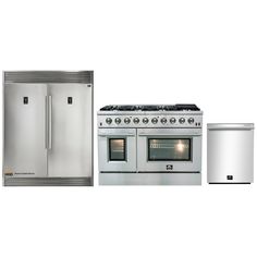 three appliances are shown side by side, one is silver and the other is stainless steel