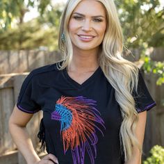 You Don't Need Tribal Relics To Make A Statement - Just Put On The Cherokee Nation Top! This Black Top Comes With An Eye-Catching Black Fringe On The Sides And A Stylish Embroidered Indian Head Dress With Pops Of Purple, Orange And Turquoise. Feel Proud And Stay Fashionable - You'll Be Head Of The Tribe In No Time! 60% Polyester 35% Rayon 5% Spandex Indian Headdress, Head Dress, The Tribe, Indian Head, Orange And Turquoise, Black Fringe, Purple Orange, Orange And Purple, Black Top