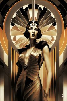 an art deco poster with a woman in gold and black