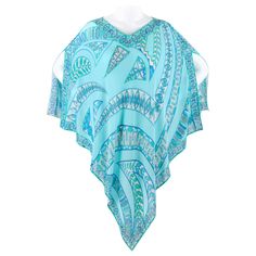 DESCRIPTION: EMILIO PUCCI c.1970s Signature Print Silk Chiffon Beach Cover Poncho Scarf Blouse Circa: c.1970’s Label(s): Emilio Pucci; Saks Fifth Avenue Emilio Pucci Boutique Style: Beach cover/poncho Color(s): Multi with shades of aqua blue, green, and off white Lined: No Marked Fabric Content: 100% pure silk Additional Details / Inclusions: Signature abstract print. Border geometric print at neckline and hem. V-neckline. Pointed hem. Slip-on scarf style. Made In: Italy Additional Packaging: No MEASUREMENTS & SIZING: * Marked Size: Unmarked (vintage) Width at Neckline: 20” Length: 37.5" CONDITION: B (see guide). Few faint discoloration/spots (mostly at interior of neckline). AA - New with Tags / Packaging (may show minimal signs of retail handling / shelf wear) A - New without Tags / Pack Pucci Scarf, Poncho Scarf, Blue Butterfly Wings, Scarf Blouse, Pucci Vintage, Poncho Blouse, Pucci Print, Silk Chiffon Scarves, Blouse Silk