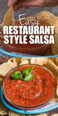 easy restaurant style salsa in a bowl with tortilla chips