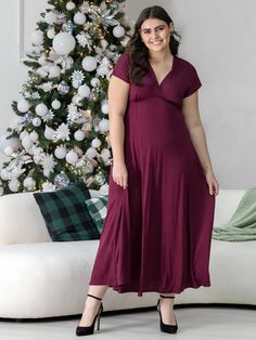 Material: 95% Rayon, 5% SpandexElegance and comfort in one! The Empire Waist V Neck Plus Size Maxi Dress has an air of simple elegance featuring an empire waist, v neckline, short cap sleeves, a line design, and figure flattering fit. Full Length Skirts, Plus Size Maxi, Red And Teal, Plus Size Maxi Dresses, Formal Looks, Night Looks, Simple Elegance, Empire Waist, Line Design