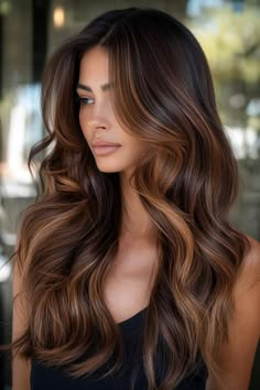 Honey Blond Balayage On Black Hair, Balayage To Dark Brown, Brown Hair With Lighter Highlights, Dark Roots Caramel Hair Balayage, Brown Hair Balayage Caramel, Caramel Balayage On Dark Hair, Dark Brown With Caramel Highlights, Caramel Brown Balayage, Brown Hair Balayage Ideas