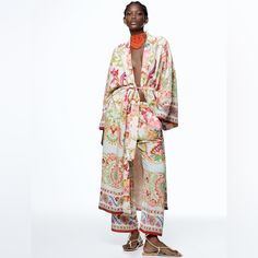 Zara Printed Kimono With Belt Size S And Matching Pants Size Xs Nwt Kimono Size S Open Front Printed Kimono With Long Sleeves. Tied Self Belt. Contrasting Inner Lining. Side Slits At Hem. Multicolored | Ref# 7864/029 Outer Shell 100% Viscose Lining 100% Polyester Pants Size Xs Ref# #7728/029 100% Viscose Elastic Waist With Drawcord Embellished On Ends Front And Back Pockets Measurements Are Approx Pants Lying Flat Waist 13" Rise 11" Inseam 27" Items Are Retail Store Purchases And May Have Been H Printed Sets With Long Pants For Spring, Spring Printed Sets With Long Pants, Pink Daywear Sets For Spring, Pink Summer Sets With Pockets, Summer Pink Sets With Pockets, Pink Spring Daywear Sets, Pink Bohemian Sets For Spring, Bohemian Spring Pants From Zara, Zara Bohemian Pants For Spring