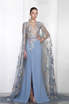 Description Blue Column, Long dress Cape shape, Long Sleeves Open neckline Embroidered lace, Crepe Dry Clean Evening Dress Made in Lebanon A - 025 Ziad Nakad, Purple Long Dress, Embroidered Cape, Cape Gown, Long Sleeve Gown, Embellished Gown, فستان سهرة, Black Short Dress, Cape Dress