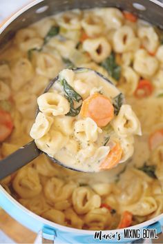 a ladle full of macaroni and carrots being lifted from a pot