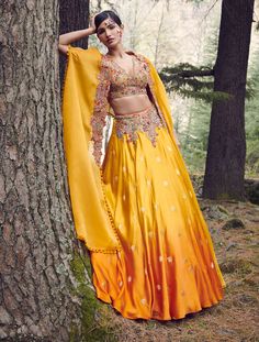 Dolly J-Navajo Satin Hand Woven Lehenga Set-INDIASPOPUP.COM Yellow Shaded Lehenga, Lehenga Cape, Dolly J, Drape Lehenga, Organza Cape, Jacket Lehenga, Satin Lehenga, Cape Set, Sunset Yellow