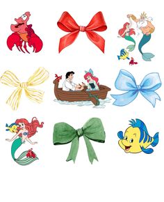 the little mermaid stickers are all in different colors and sizes, with bows on each side